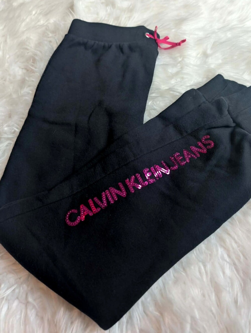 Calvin Klein Jeans Black Sweatpants Pink Rhinestone Logo Joggers Girls Sz 16